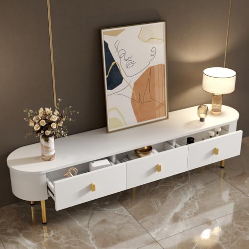 TV Cabinet with 3 Drawers, TV Table with Golden Handles and Legs, Modern TV Stand for TVs up to 75 Inches, Rounded Corners, TV Cabinet for Living Room, 174 x 35 x 41 cm, White