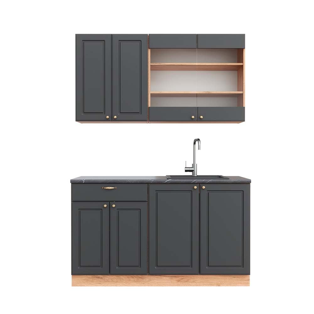 Vicco Kitchen Unit, Kitchen Block, Fitted Kitchen, Fame-Line, Single, Country House, 140 cm, Modern Kitchen Cabinets, Sink Cabinets, Drawers Cabinet Base, Wall Cupboard, Wall Glass Cabinet (Oak, Anthracite, Gold)