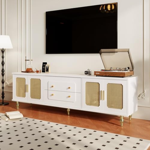 TV Cabinet with 3 Drawers, TV Table with Golden Handles and Legs, Modern TV Stand for TVs up to 75 Inches, Rounded Corners, TV Cabinet for Living Room, 174 x 35 x 41 cm, White