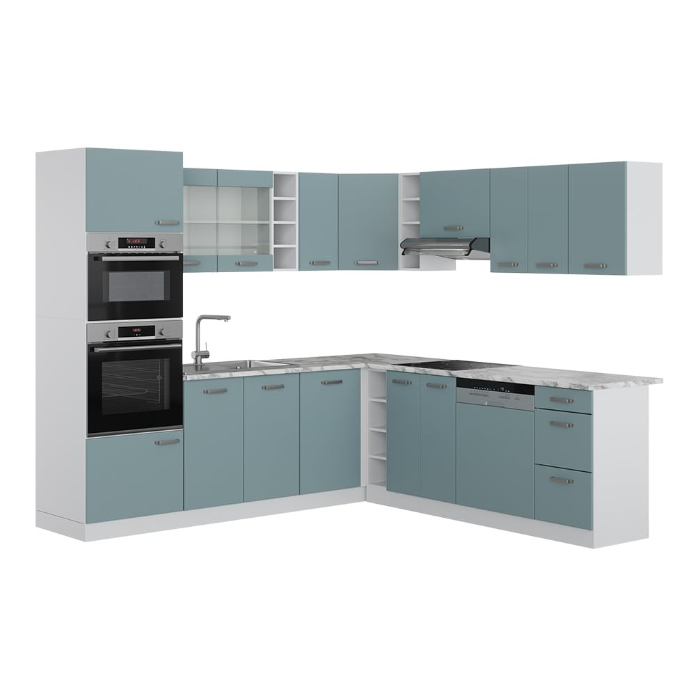 Vicco R-Line Fitted Kitchen Cabinets Country House Kitchen Furniture (White, Corner 247 x 237 cm)
