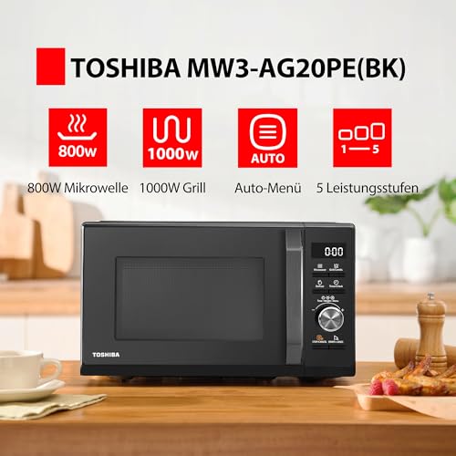 Toshiba MW3-AG20PE(BK) Mikrowellen mit Grill 20L 3-in-1 Mikrowellenherd, Chef-Abtauung, Mikrowelle, Grill, Kombi, 5 Leistungsstufen, 8 Automatikprogrammen, Einfacher Reinigung, Schwarz