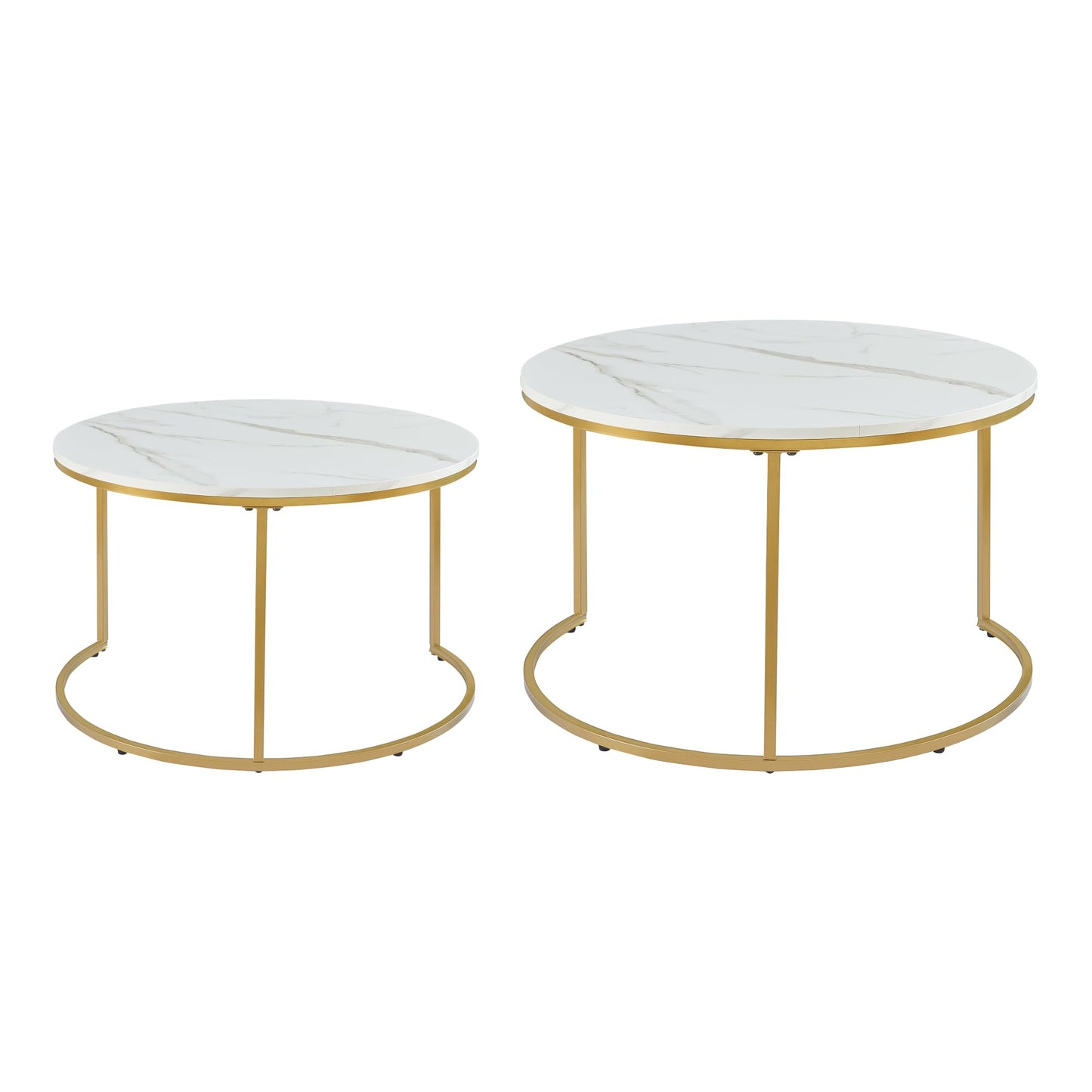 [en.casa] Christchurch Coffee Table, Set of 3, Round Sofa Table, Side Table with Metal Frame, Coffee Table, Marble Look, White/Gold