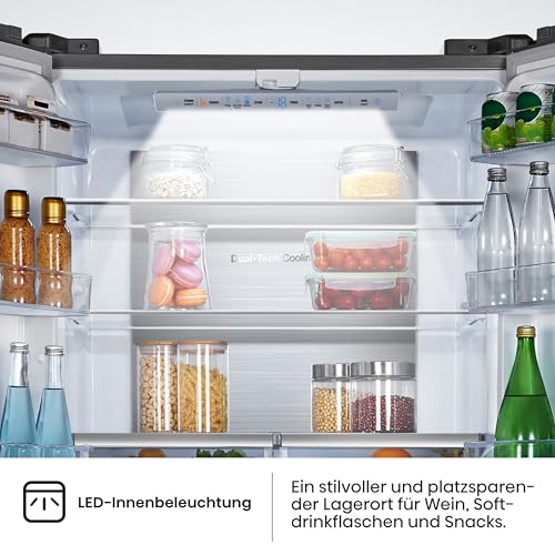 Hisense RF632N4WIE French Door Kühl-Gefrierkombination/ NoFrostPlus/ Inverter-Kompressor/ Wasserspender/ CrispZone/ 200 cm/ Kühlteil 336 l/ Gefrierteil 149 l/ 38 dB/ 295 kWh/ Jahr/ Inox-Look