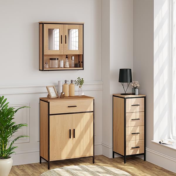 EUGAD Mirror Cabinet, Hanging Bathroom Cabinet with 2 Mirrors, Bathroom Mirror Cabinet with 3 Shelves, 2 Doors, Wall Cabinet for Bathroom, Made of Wood Material, Light Oak Black