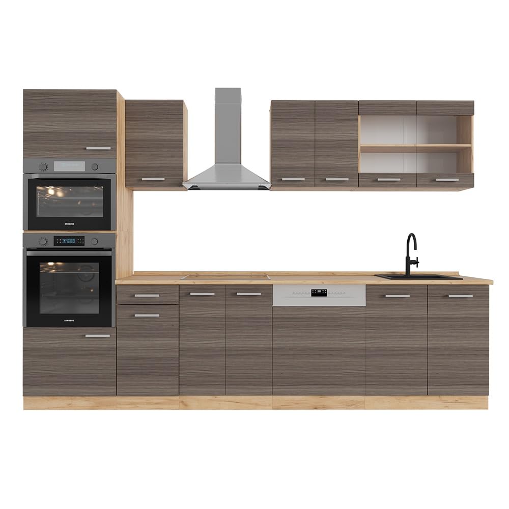 Vicco R-Line Kitchen Unit, High-Gloss Anthracite/Goldkraft Oak, 300 cm with Tall Cabinet, without Worktop