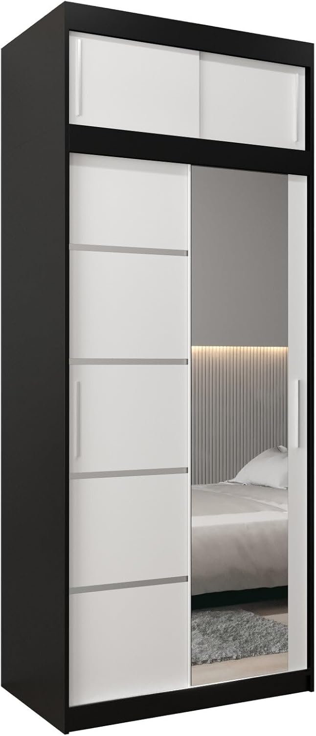 MEBLE KRYSPOL Verona 2, 250 cm Bedroom Wardrobe with Three Sliding Doors, Mirror, Clothes Rail and Shelves, 250 x 200 x 62 cm, Matt Black