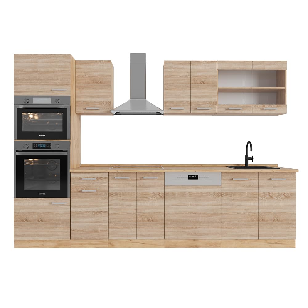 Vicco R-Line Kitchen Unit, High-Gloss Anthracite/Goldkraft Oak, 300 cm with Tall Cabinet, without Worktop