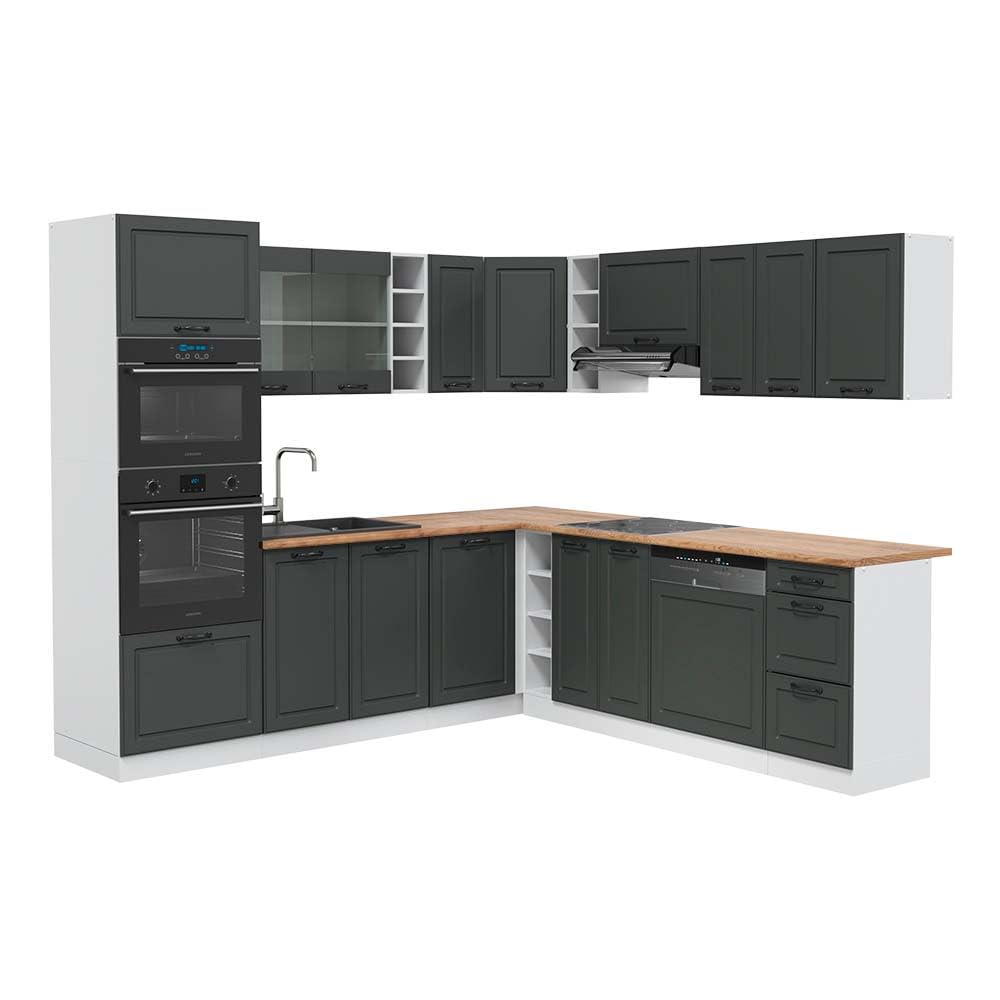 Vicco R-Line Fitted Kitchen Cabinets Country House Kitchen Furniture (White, Corner 247 x 237 cm)