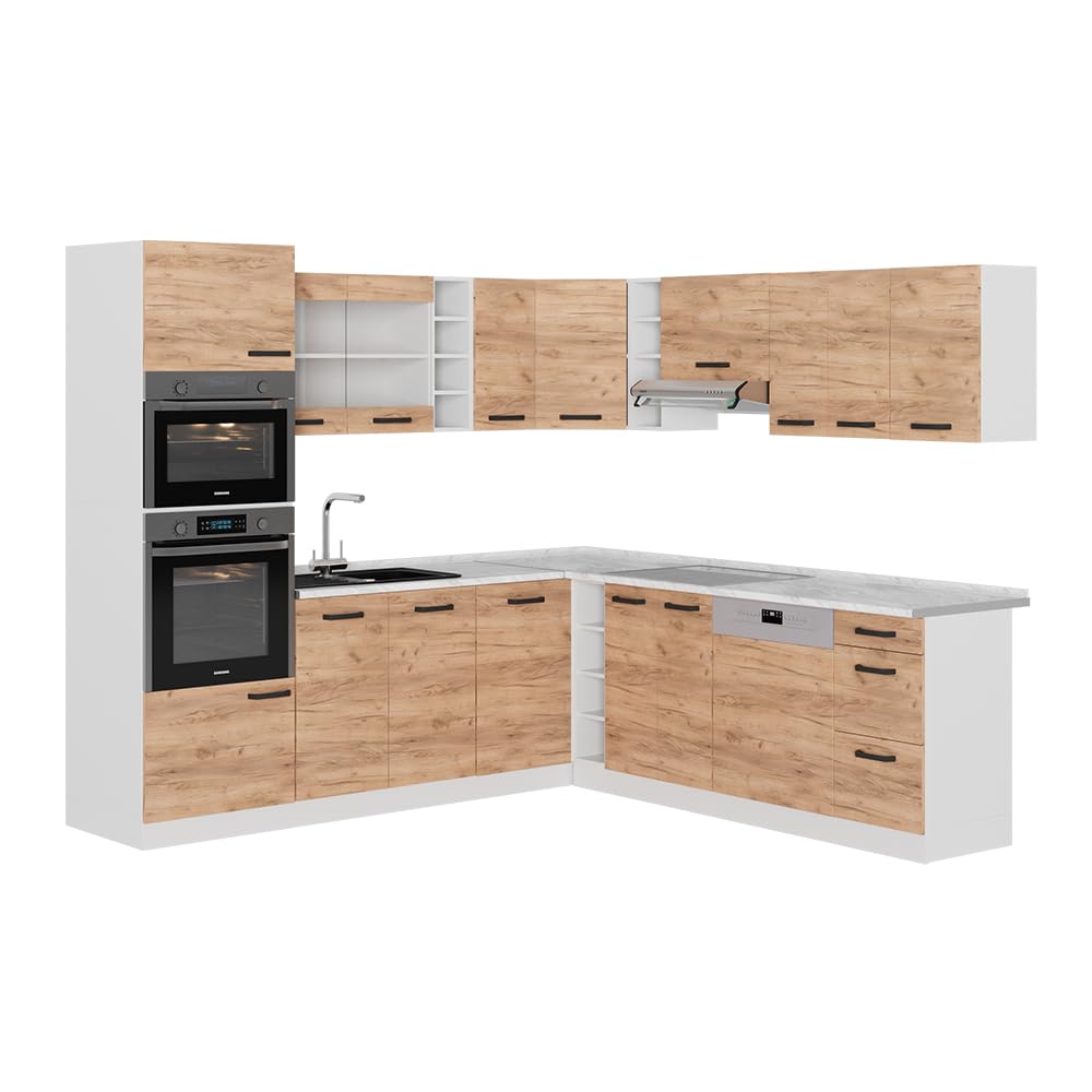 Vicco R-Line Fitted Kitchen Cabinets Country House Kitchen Furniture (White, Corner 247 x 237 cm)