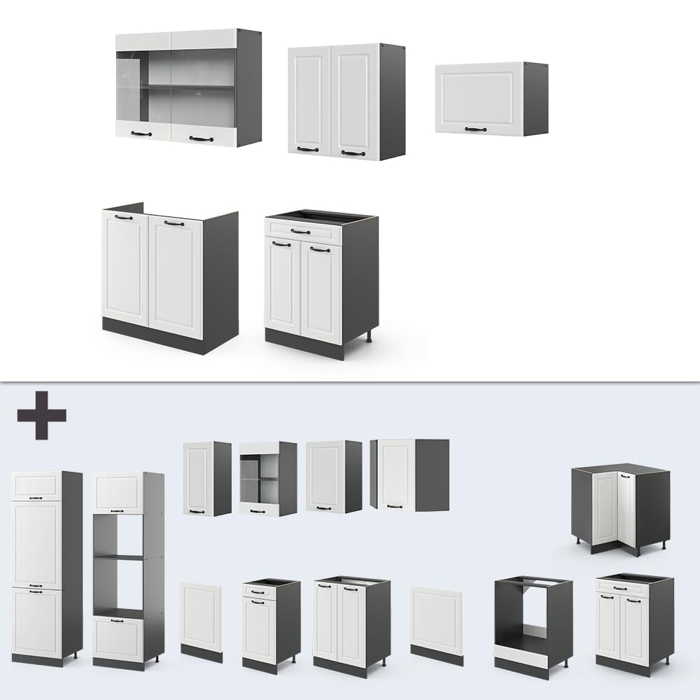 Vicco R-Line Kitchen Unit, White High-Gloss / Anthracite, 200 cm without Worktop
