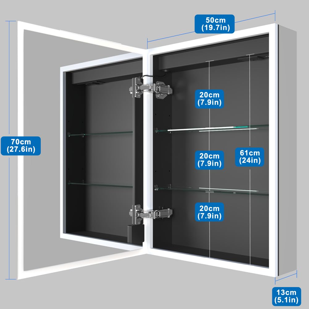 KWW LED Beleuchtetes Badezimmer Medizin Kabinett mit Spiegel, Farbtemperatur Einstellbar, Anti-Nebel Dimmbare Lichter, Steckdosen für USBs (75 x 70 cm)