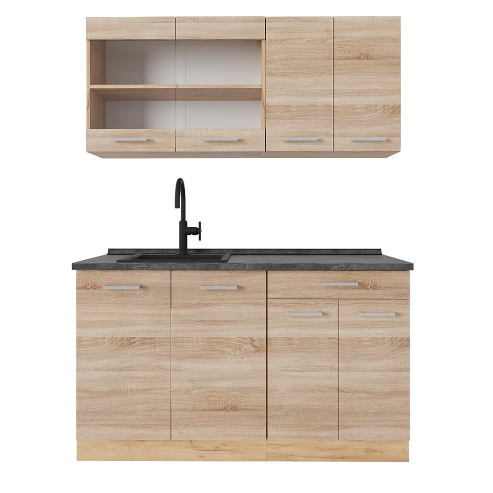 Vicco Single Kitchen R-Line, Black High Gloss / Gold Kraft Oak 140 cm, without Worktop
