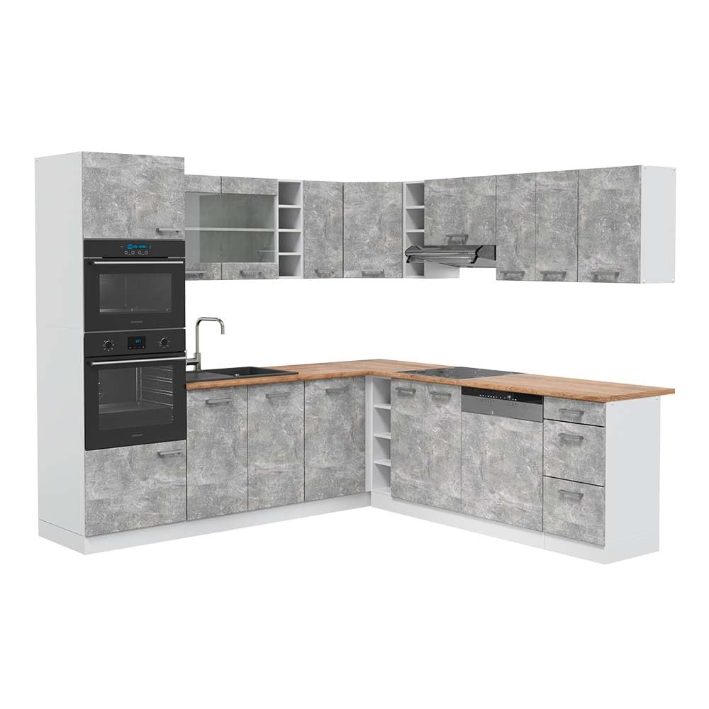 Vicco R-Line Fitted Kitchen Cabinets Country House Kitchen Furniture (White, Corner 247 x 237 cm)
