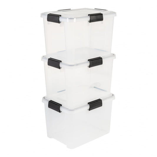 Iris Ohyama Airtight Plastic Storage Boxes with Lids, 20L, Set of 3, Black, Hermetic Waterproof Closure, Heavy Duty Snap Latches, Stackable, Dustproof, BPA-Free, DDAT-SD