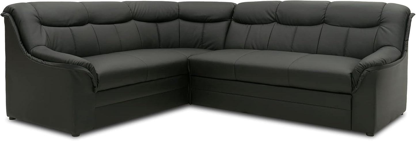 DOMO. collection Berlin Corner Sofa, Timeless Leather Corner Sofa with High-Quality Spring Core Padding, L-shaped Faux Leather, Couch 205 x 250 x 89 cm, Black