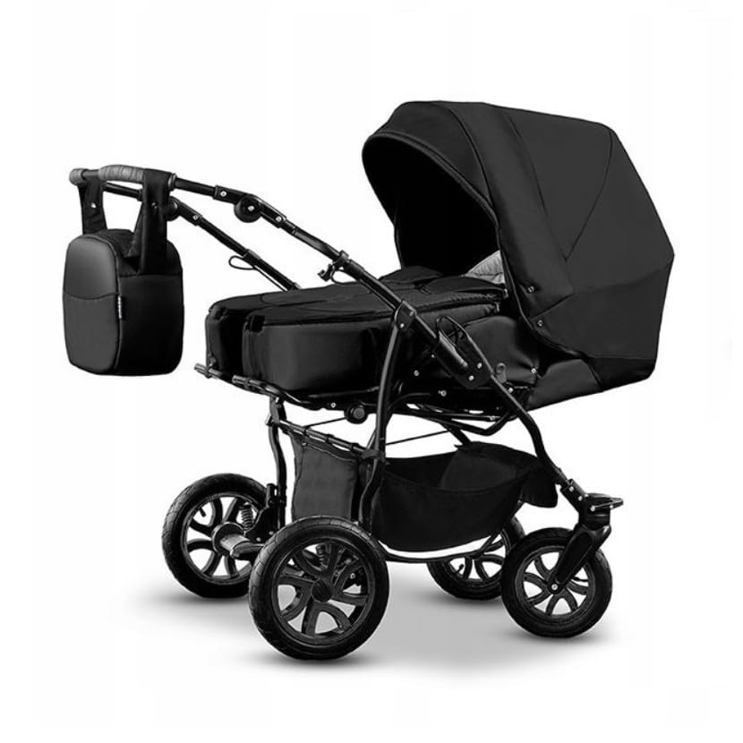 BBtwin DUET TRIO Twin Pushchair 3-in-1 Pushchair and Accessories 3 Pieces: 2 Baby Tubs + 2 Pushchairs + 2 Baby Car Seats + Accessories Black