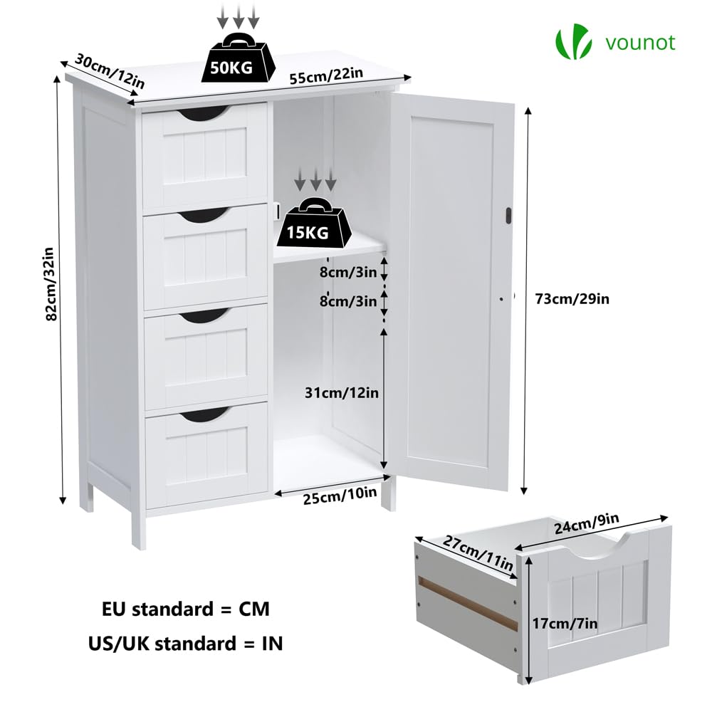 VOUNOT® Bathroom Cabinet, Side Cabinet with 4 Drawers, Cabinet Door & Adjustable Shelves for Bathroom, Living Room, Kitchen, Bedroom, 30 x 55 x 82 cm, Grey