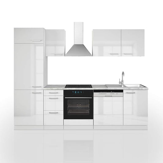 Vicco Küchenzeile Optima, Weiß Hochglanz/Weiß, 270 cm ohne Arbeitsplatte