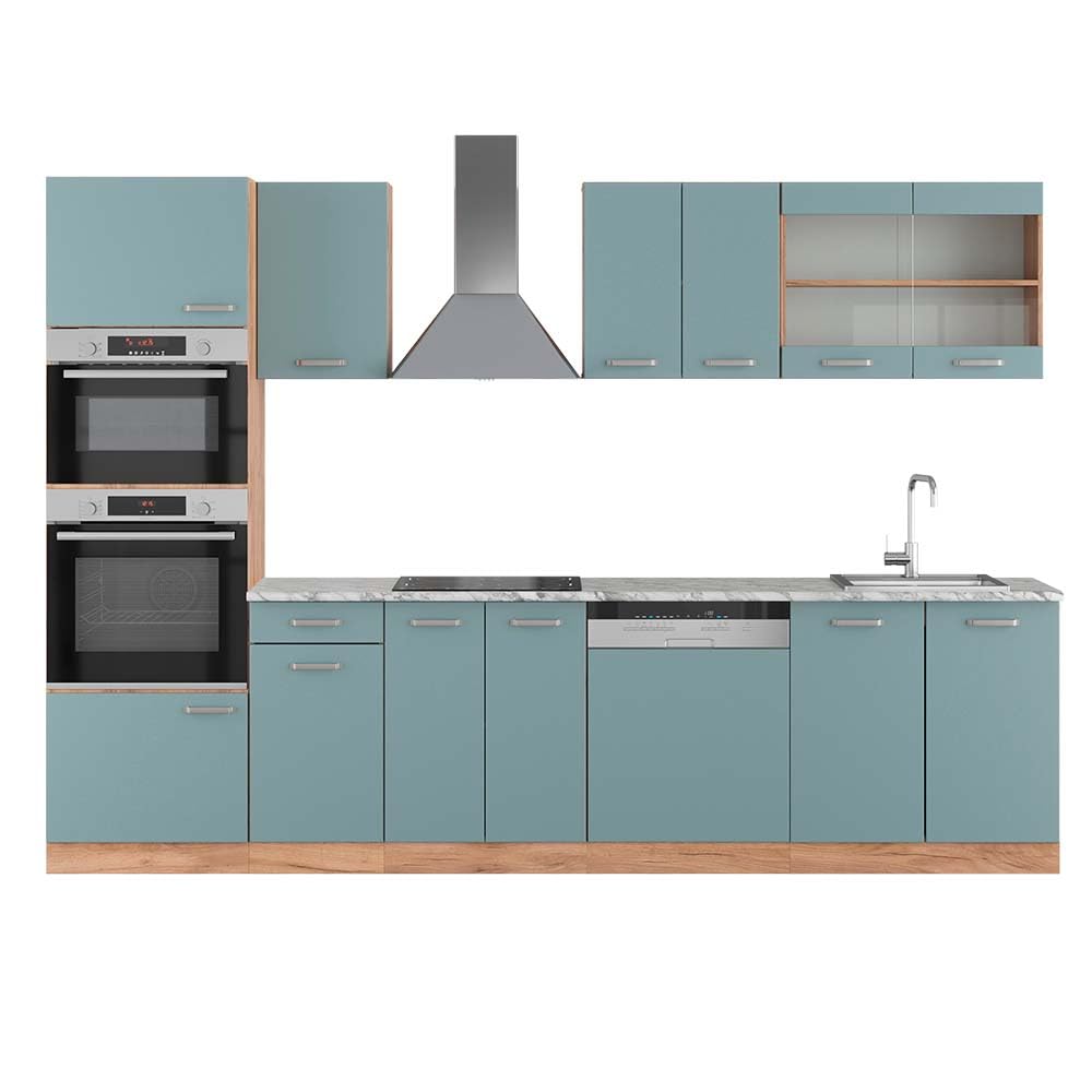 Vicco R-Line Kitchen Unit, High-Gloss Anthracite/Goldkraft Oak, 300 cm with Tall Cabinet, without Worktop