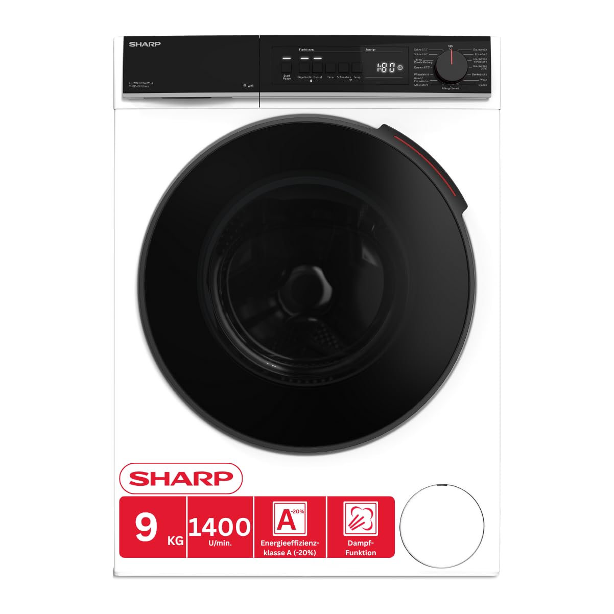 Sharp ES-WNFB214CWDA-DE Washing Machine, 12 kg, Energy Class A, 1400 rpm, Inverter Motor, AquaStop, WiFi App Control, Steam Function, Quick Wash, White