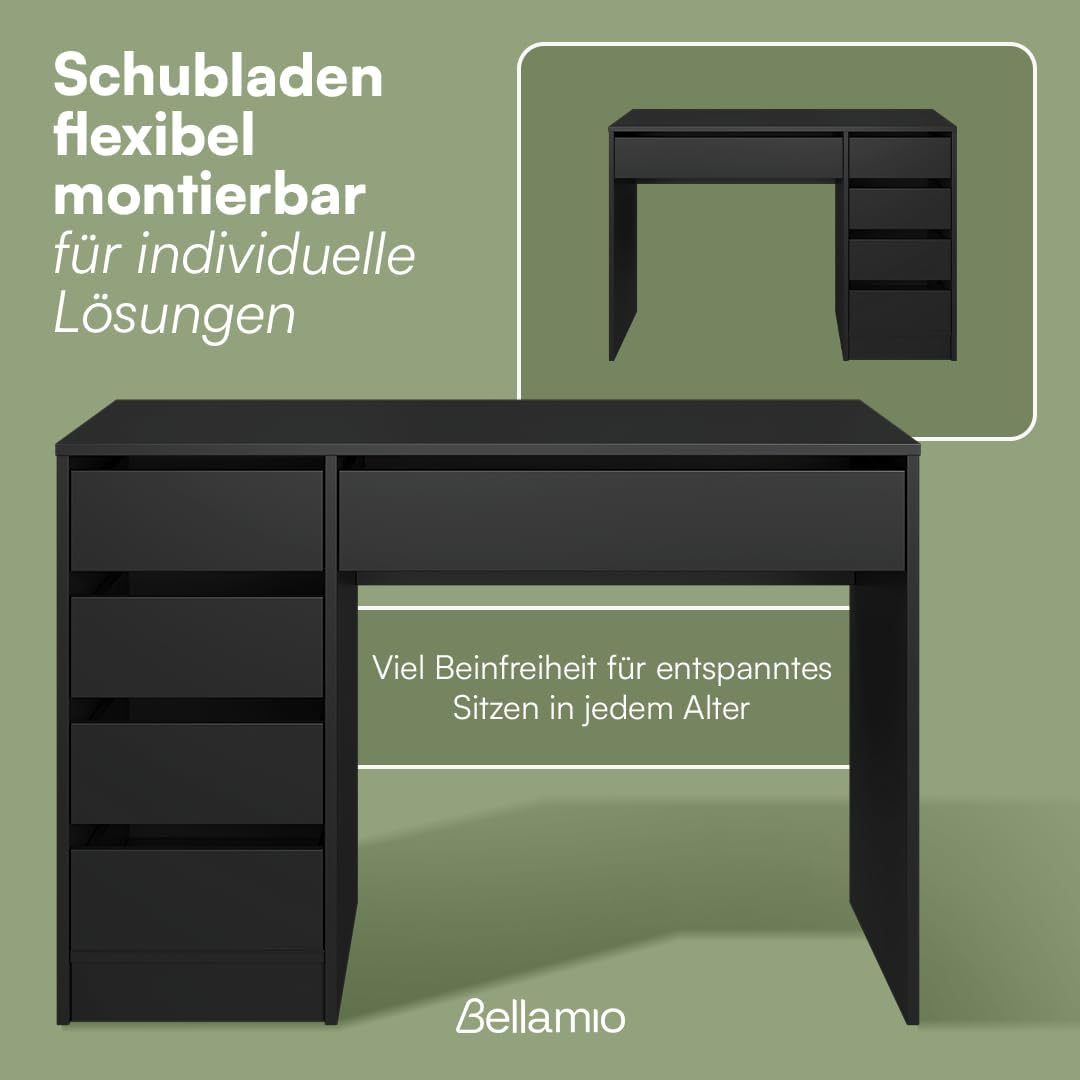 Bellamio Nore Schreibtisch in Schwarz mit 5 Schubladen - Jugendschreibtisch 75x53x110 cm - Schminktisch & Schreibtisch Kombi - Computertisch mit Schubladen beidseitig montierbar – Bürotisch