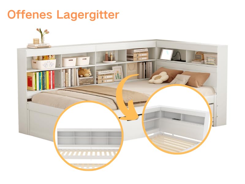 xixiworkshop Kinderbett 90x200cm Ausziehbett Bett mit Stauraum und USB-Steckdose/Mehreren Ablagefächern multifunktionales Jugendbett/Gästebett/Doppelbett mit Stauschrank Lattenrost,Ohne Matratze,Grau
