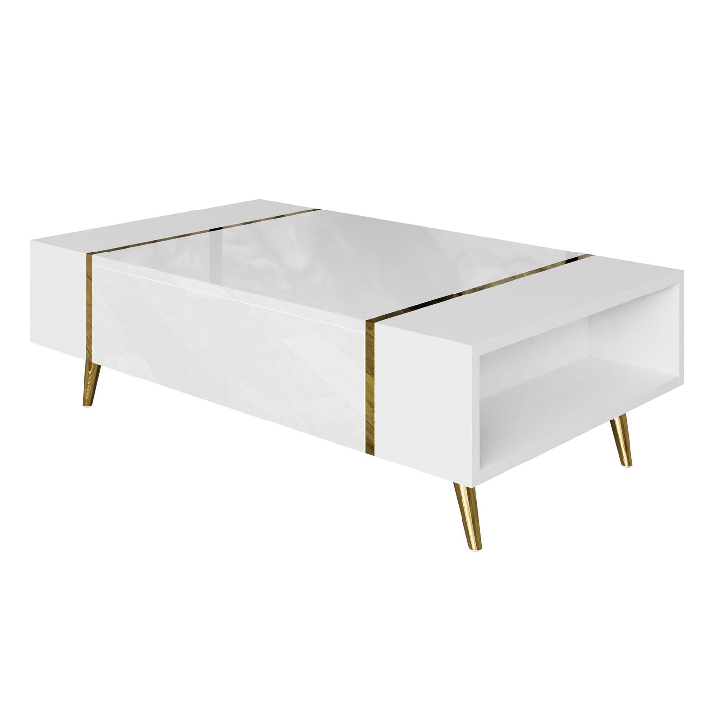 lukmebel Coffee Table White with Gold Onyx 104 x 65 x 41 cm Coffee Table with Storage Space Push to Open Living Room Table Side Table Couch Sofa Table House Table