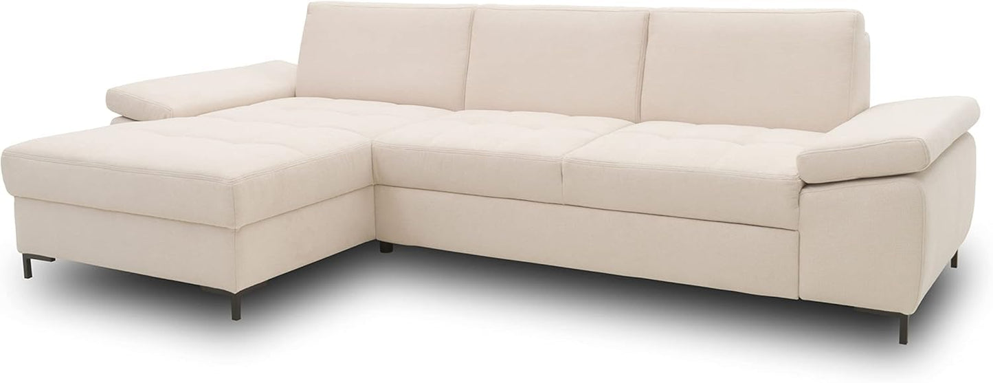DOMO. collection Curacao Corner Sofa, Sofa Bed with Spring Core and Armrest Function in L-Shape, Couch with Sleep Function, Sofa, Upholstered Corner 297 x 160 x 84 cm (W x D x H), Cream
