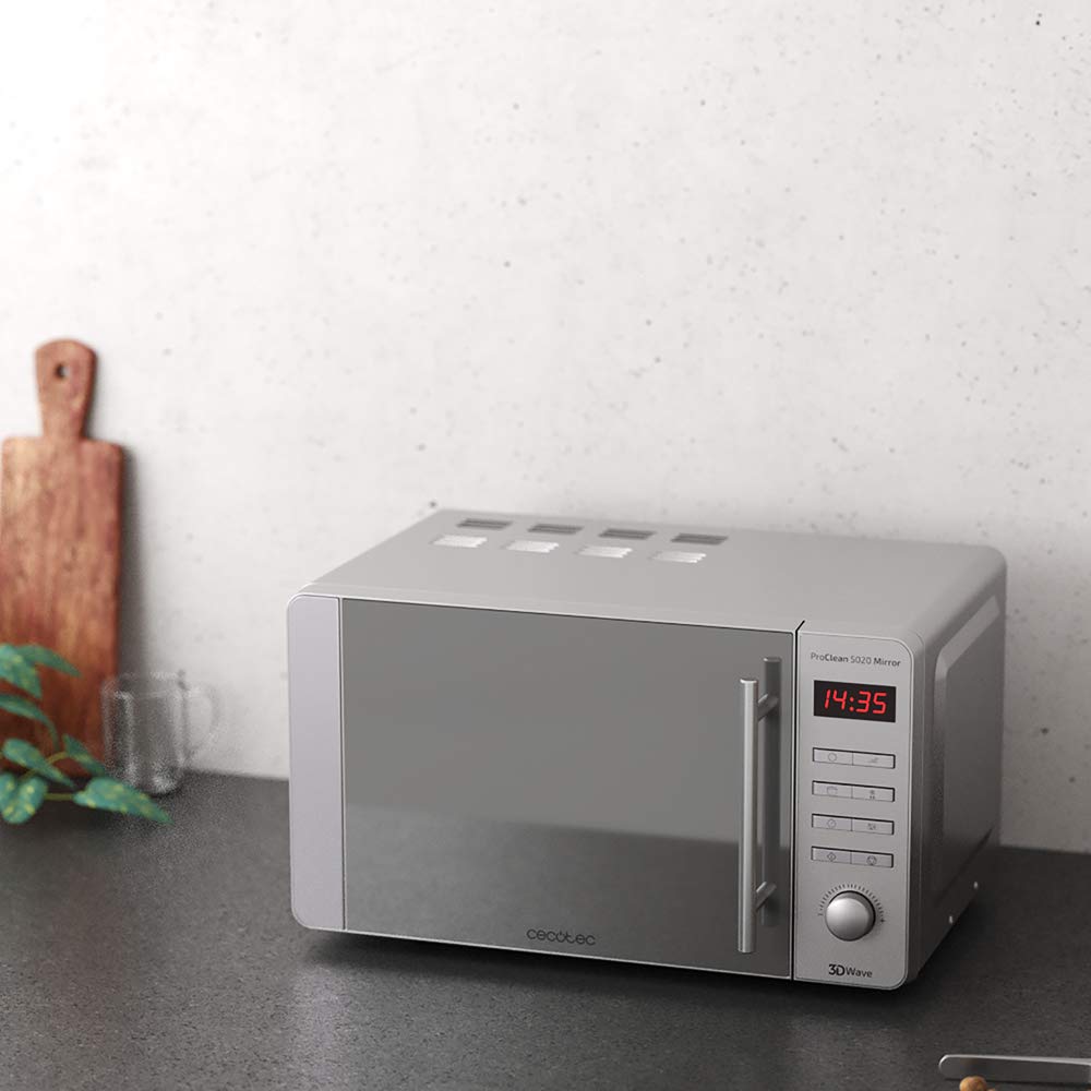 Cecotec Microwave Pro Clean 5020 Mirror, 700 W, 20 L Polished, 3D Wave, Ready 2 Clean, LCD, 60 Minutes Cooking Timer, 8 Programmes, Stainless Steel in Silver