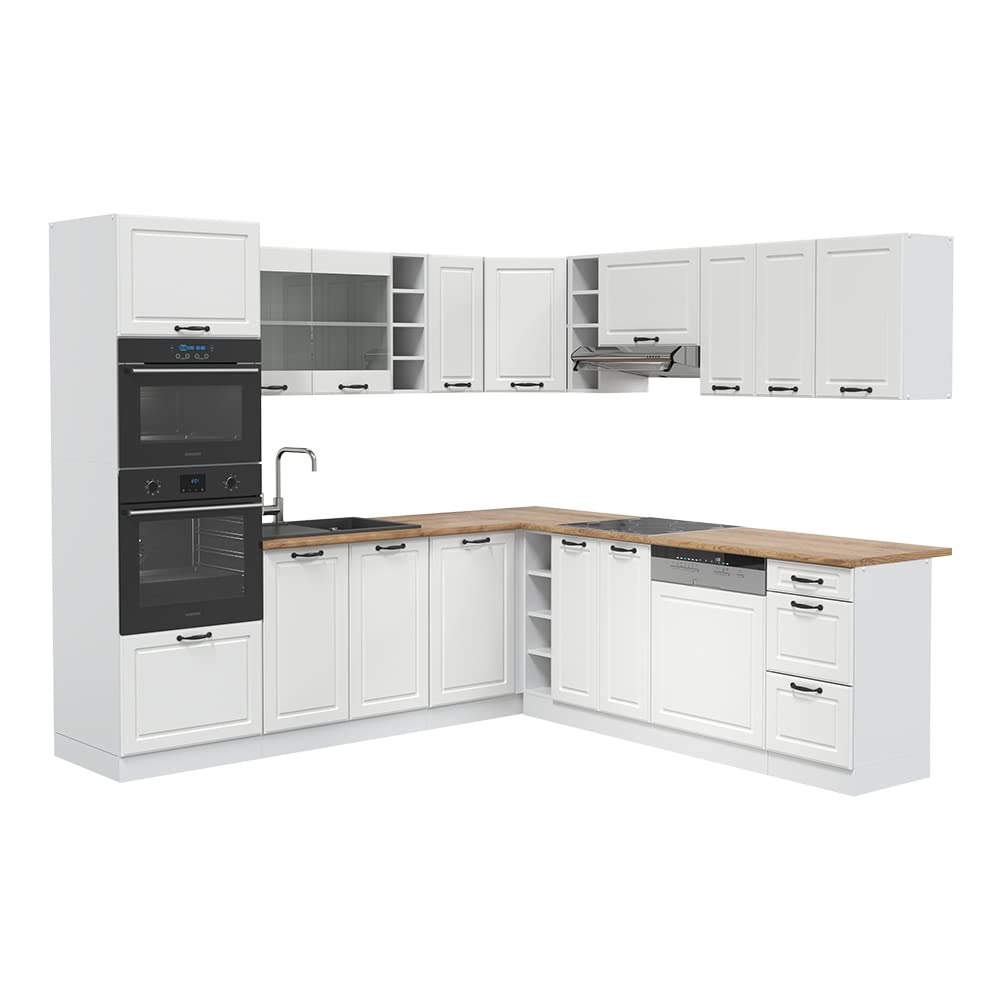Vicco R-Line Fitted Kitchen Cabinets Country House Kitchen Furniture (White, Corner 247 x 237 cm)