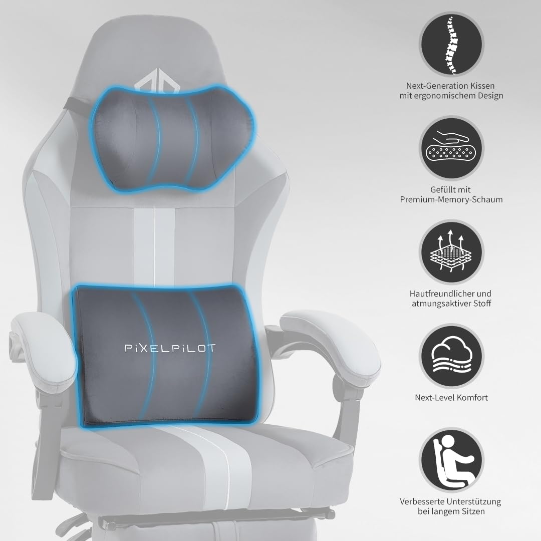PixelPilot Ergonomic Gaming Chair [Breathable Fabric] Gaming Chair with Footrest, Head and Lumbar Support, Gamer PC Chair Wide Seat, Office Chair 150 kg Load Capacity (Nebula I, Grey)
