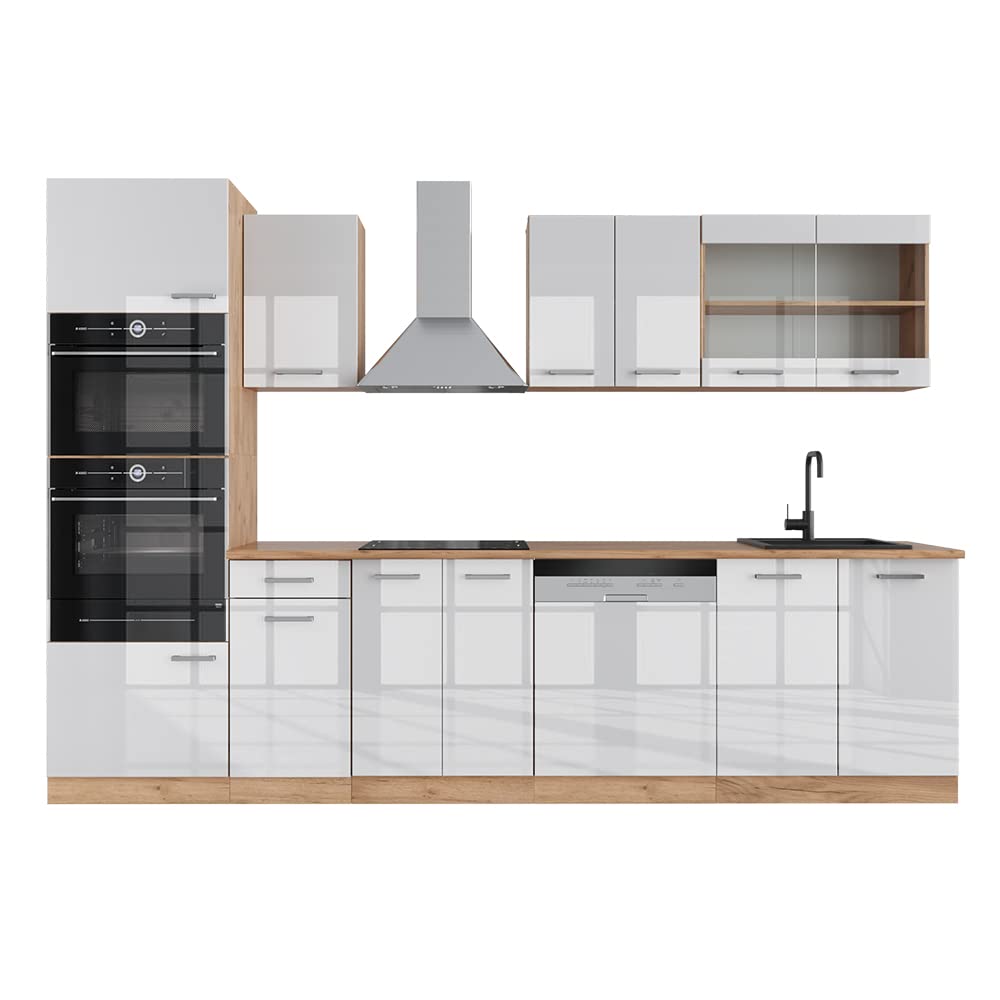 Vicco R-Line Kitchen Unit, High-Gloss Anthracite/Goldkraft Oak, 300 cm with Tall Cabinet, without Worktop