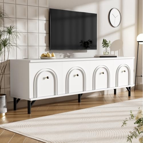 TV Cabinet with 3 Drawers, TV Table with Golden Handles and Legs, Modern TV Stand for TVs up to 75 Inches, Rounded Corners, TV Cabinet for Living Room, 174 x 35 x 41 cm, White