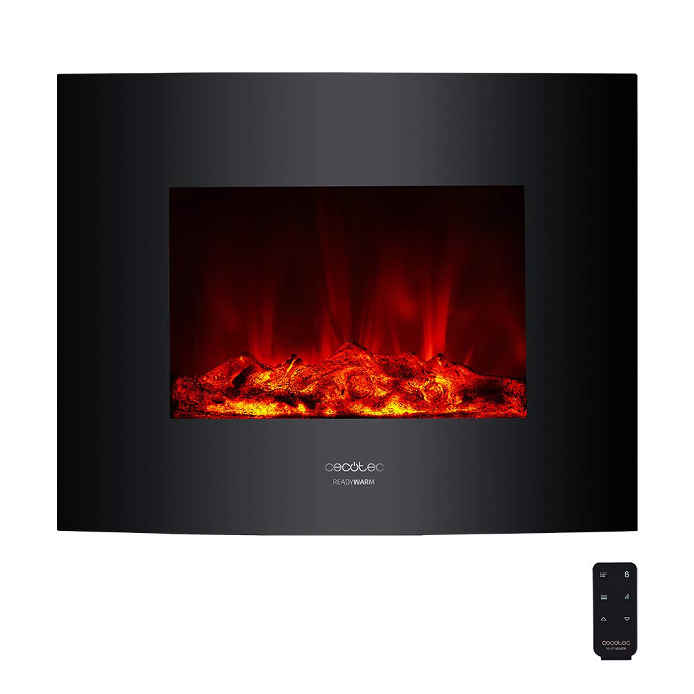 Cecotec Ready Warm 2200 Curved Flames Electric Fireplace with Remote Control, 22 Inch, 2000 W with 2 Power Levels, Curved Tempered Glass Scoreboard, 2 LED Lights, 20 m2