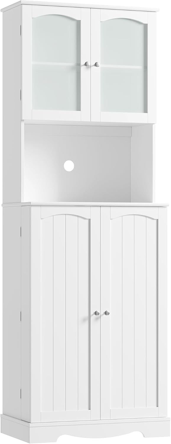 HOCSOK 181 cm Tall Kitchen Cabinet, Buffet Cabinet with Microwave Shelf and 8 Door Shelves, Freestanding Kitchen Storage Cabinet for Kitchen, Modern Style, White