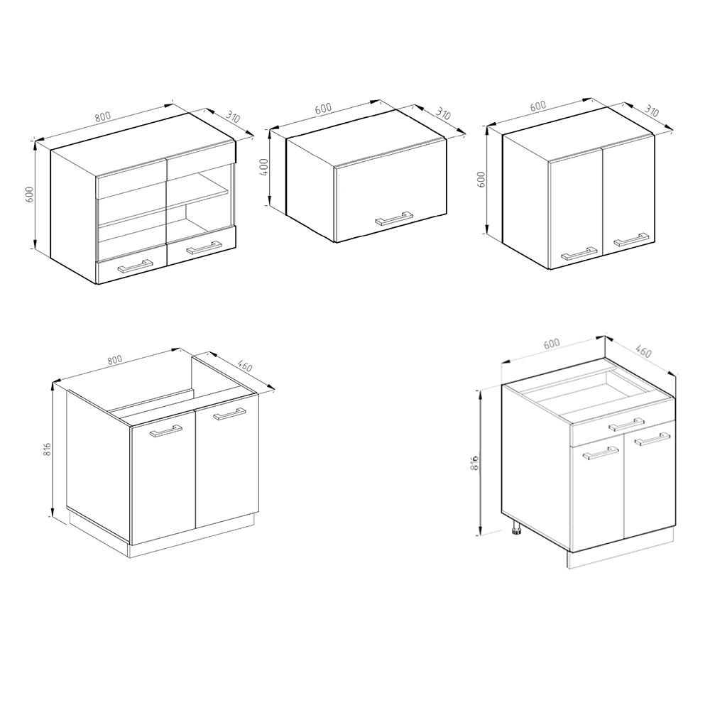 Vicco R-Line Kitchen Unit, White High-Gloss / Anthracite, 200 cm without Worktop