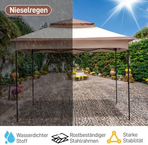 Bonnlo Folding Gazebo 3.3 x 3.3 m with 4 Mosquito Net Side Panels, Stable, UV-Resistant, Waterproof, Ventilated Double Roof, Height Adjustable Gazebo for Garden, Yard, Khaki