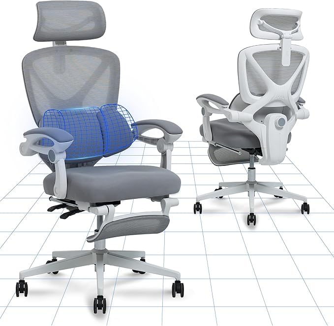 FLEXISPOT Ergonomic Office Chair, X-shaped Desk Chair with 135° Tilt, Coupled Armrests with Zoned Adjustable Lumbar Support, Swivel Chair with Footrest, 3D Headrest, White/Grey