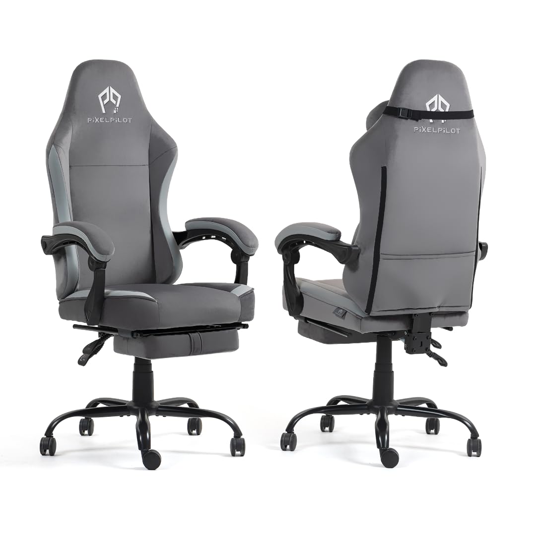 PixelPilot Ergonomic Gaming Chair [Breathable Fabric] Gaming Chair with Footrest, Head and Lumbar Support, Gamer PC Chair Wide Seat, Office Chair 150 kg Load Capacity (Nebula I, Grey)