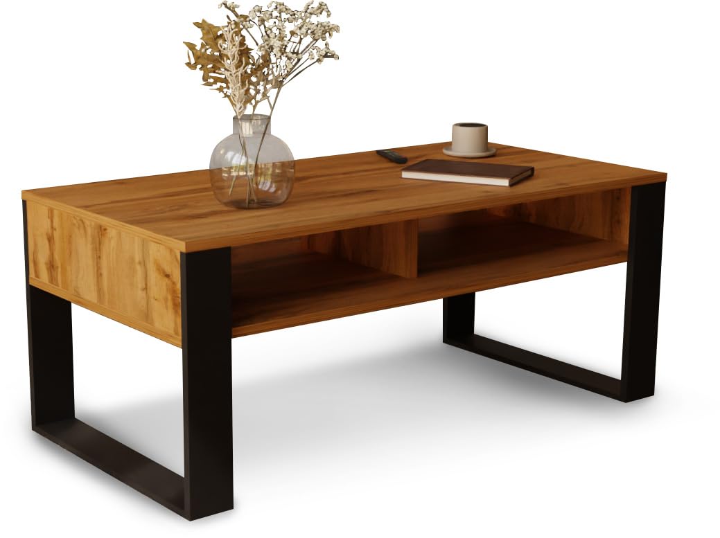 Artisan Coffee Table, Retro Loft Bench, Open Double Shelf, Skate Legs, Ideal for Coffee Get-Togethers, Laminated Top, Large Surface, Guaranteed Stability, White 3