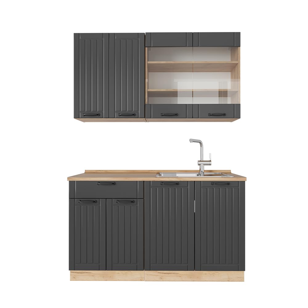 Vicco Kitchen Unit, Kitchen Block, Fitted Kitchen, Fame-Line, Single, Country House, 140 cm, Modern Kitchen Cabinets, Sink Cabinets, Drawers Cabinet Base, Wall Cupboard, Wall Glass Cabinet (Oak, Anthracite, Gold)