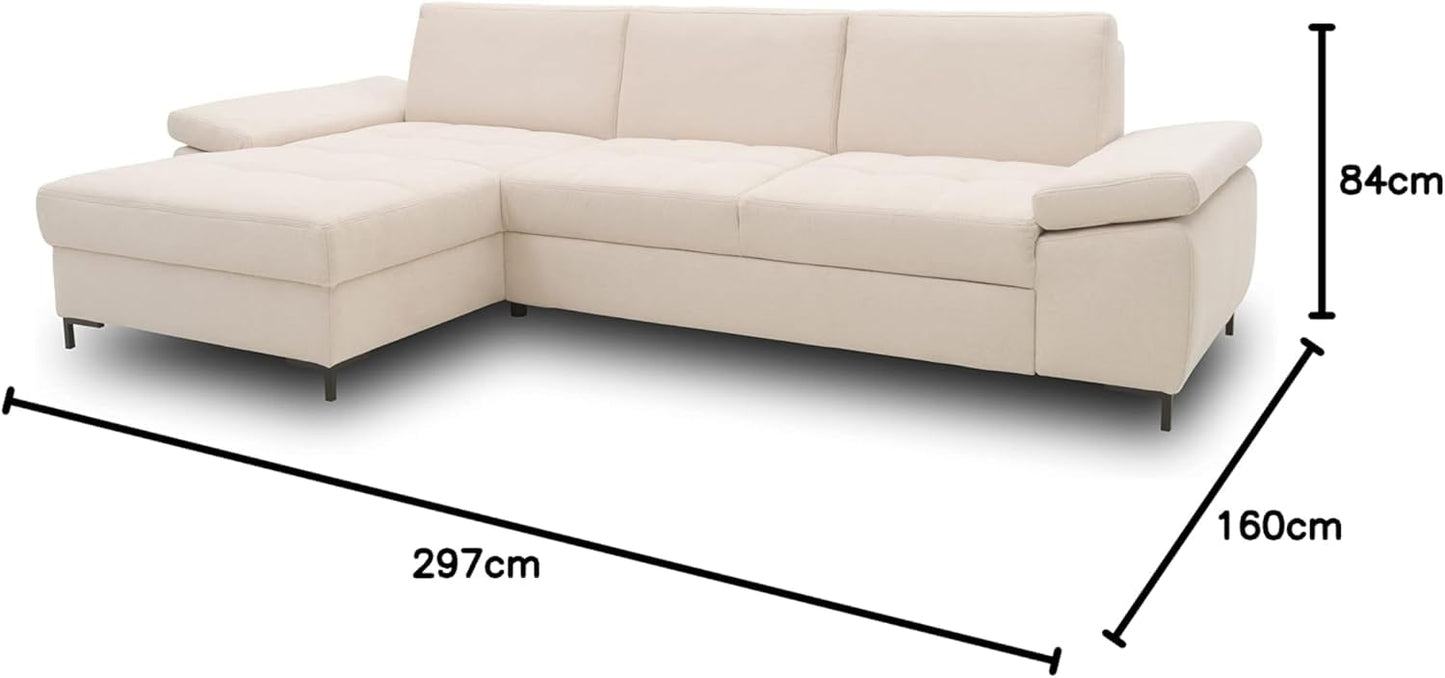 DOMO. collection Curacao Corner Sofa, Sofa Bed with Spring Core and Armrest Function in L-Shape, Couch with Sleep Function, Sofa, Upholstered Corner 297 x 160 x 84 cm (W x D x H), Cream