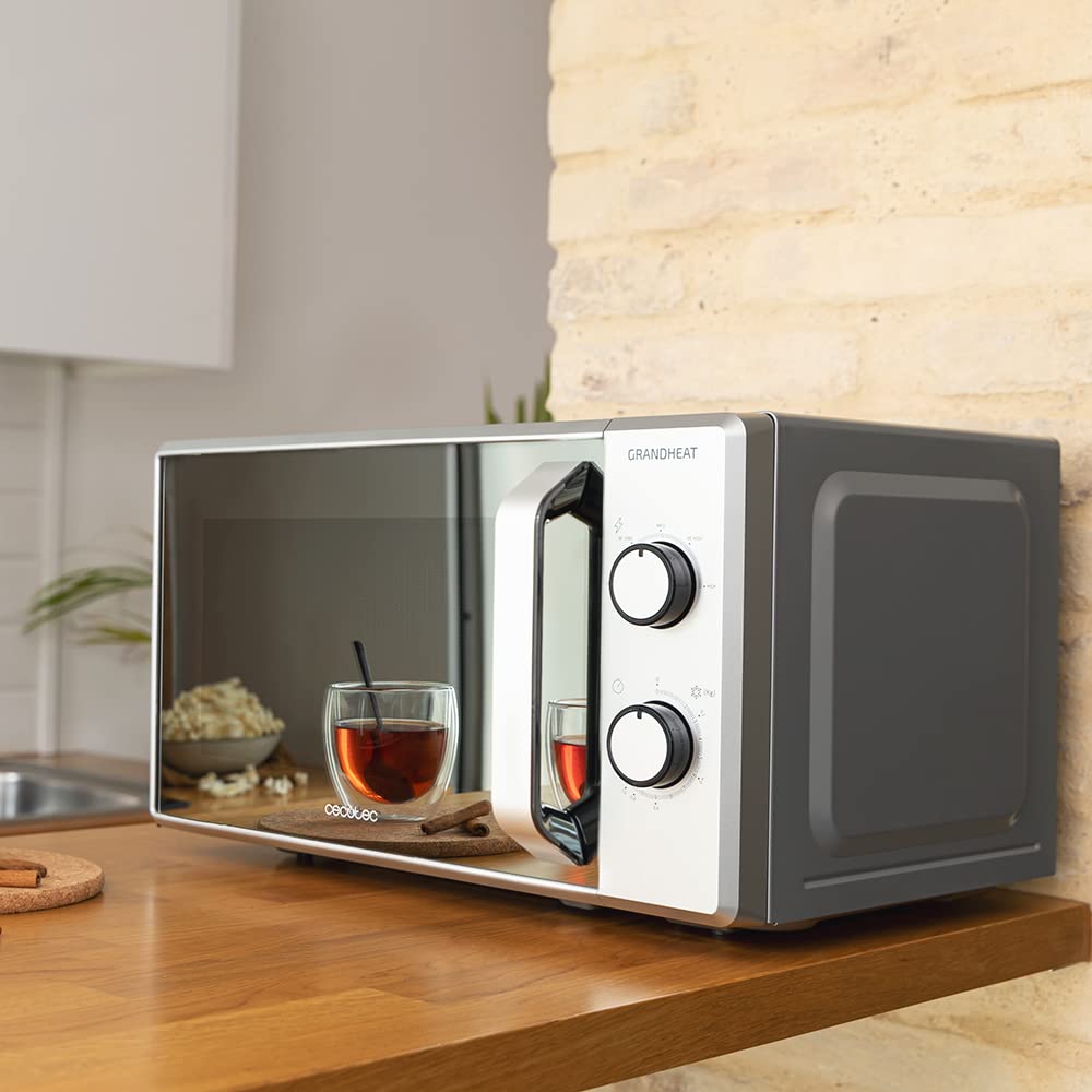 Cecotec Microondas ProClean 3160 Mirror, 20 L, Ready2Clean Coating, 800 W Grill, 9 Levels, 30 min Timer, 3D Wave Technology, Silver, Mirrored Door