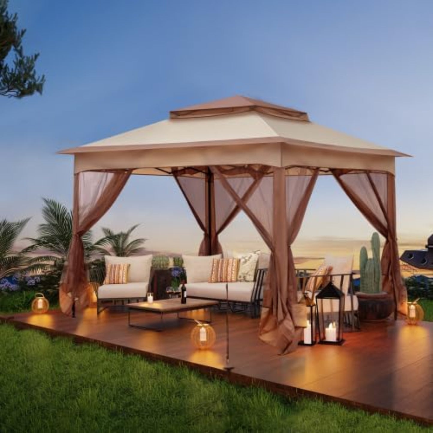 Bonnlo Folding Gazebo 3.3 x 3.3 m with 4 Mosquito Net Side Panels, Stable, UV-Resistant, Waterproof, Ventilated Double Roof, Height Adjustable Gazebo for Garden, Yard, Khaki