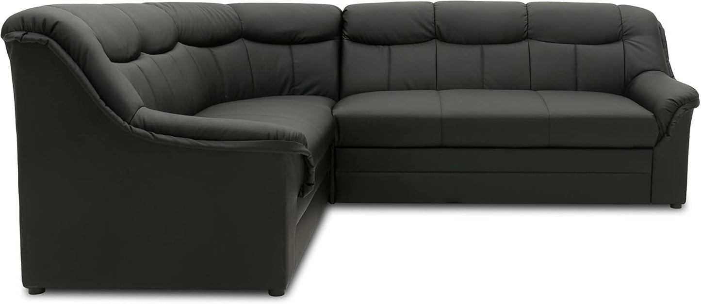 DOMO. collection Berlin Corner Sofa, Timeless Leather Corner Sofa with High-Quality Spring Core Padding, L-shaped Faux Leather, Couch 205 x 250 x 89 cm, Black