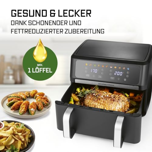 GOURMETmaxx Digitale Heißluftfritteuse 12 L, XXL-Edelstahl-Ofen | Airfryer + Timer, Touchdisplay, Drehspieß | fettarm, energiesparend frittieren | 10 Programme inkl. Pizza | 1800 W