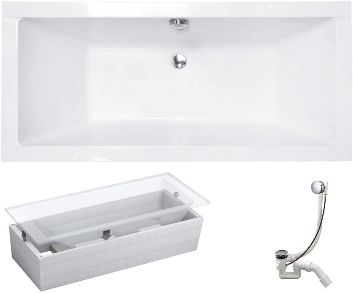 VBChome Bathtub Acrylic Set Bath Support Siphon Tub Rectangular White Design Modern Styrofoam Support Drain Fitting in Chrome Viega Simplex for 2 People