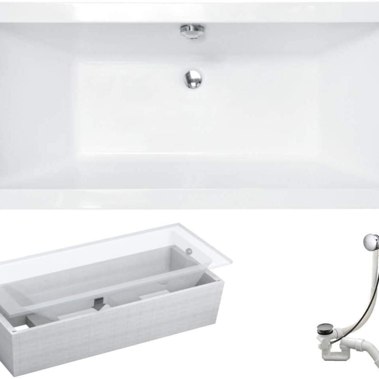 VBChome Bathtub Acrylic Set Bath Support Siphon Tub Rectangular White Design Modern Styrofoam Support Drain Fitting in Chrome Viega Simplex for 2 People