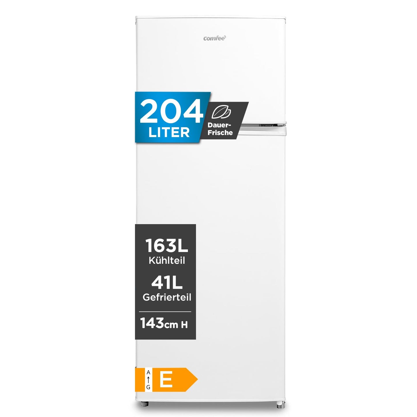 Comfee RCT284DK2A Fridge/Freezer, Top Freezer Compartment, 176 kWh/Year, 143 cm Height, LED Light, Reversible Door Hinge, Black