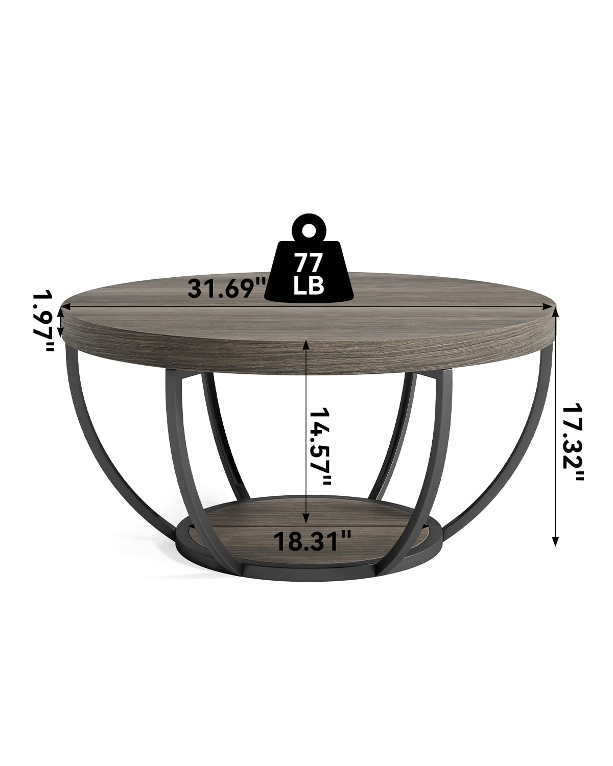 LITTLE TREE Round Coffee Table 32 Inch Round Coffee Table for Living Room 2 Tier Wood Accent Center Table with Open Storage Industrial Design Home Furniture (Wood Grain and Black)